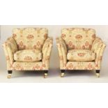 ARMCHAIRS, a pair, tapestry weave upholstered with square outswept arms and tapering square supports