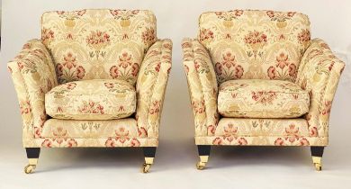 ARMCHAIRS, a pair, tapestry weave upholstered with square outswept arms and tapering square supports