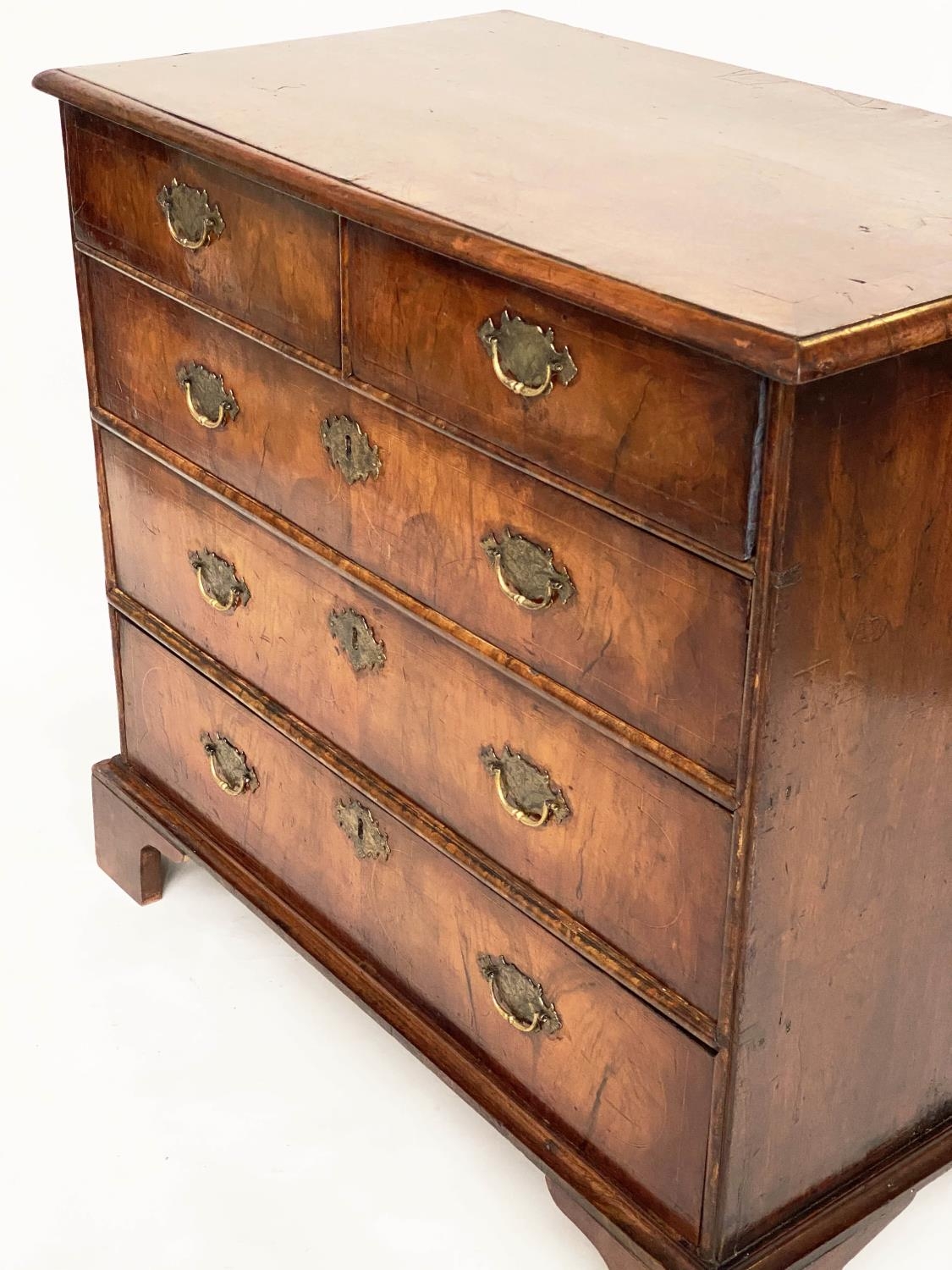 CHEST, early 18th century English Queen Anne figured walnut with two short and three long drawers, - Image 7 of 9