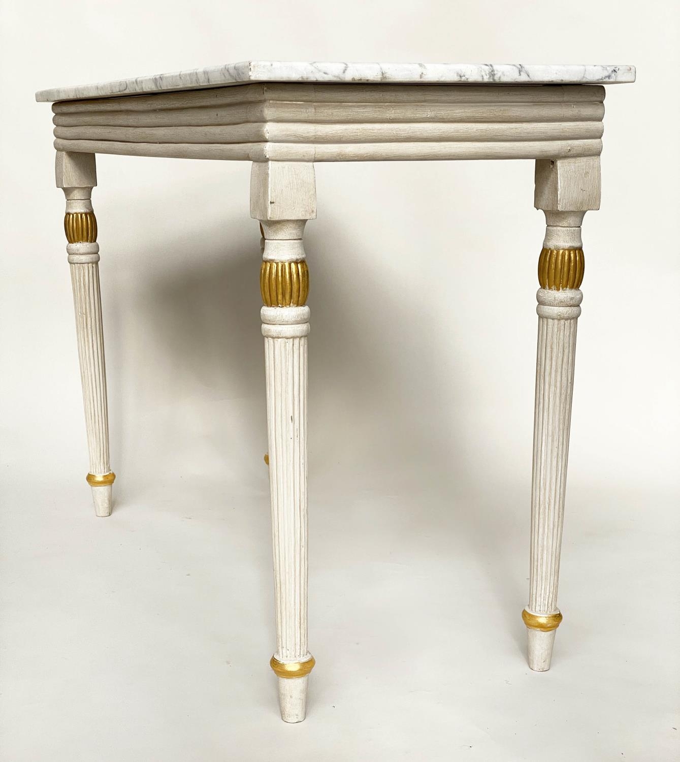 CONSOLE TABLE, Regency style grey painted and parcel gilt, with reeded frieze and supports with grey - Image 6 of 10