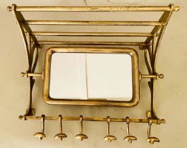 WALL MOUNTING LUGGAGE RACK, gilt metal finish, articulating mirror, six hooks to base, 54cm x 67cm x