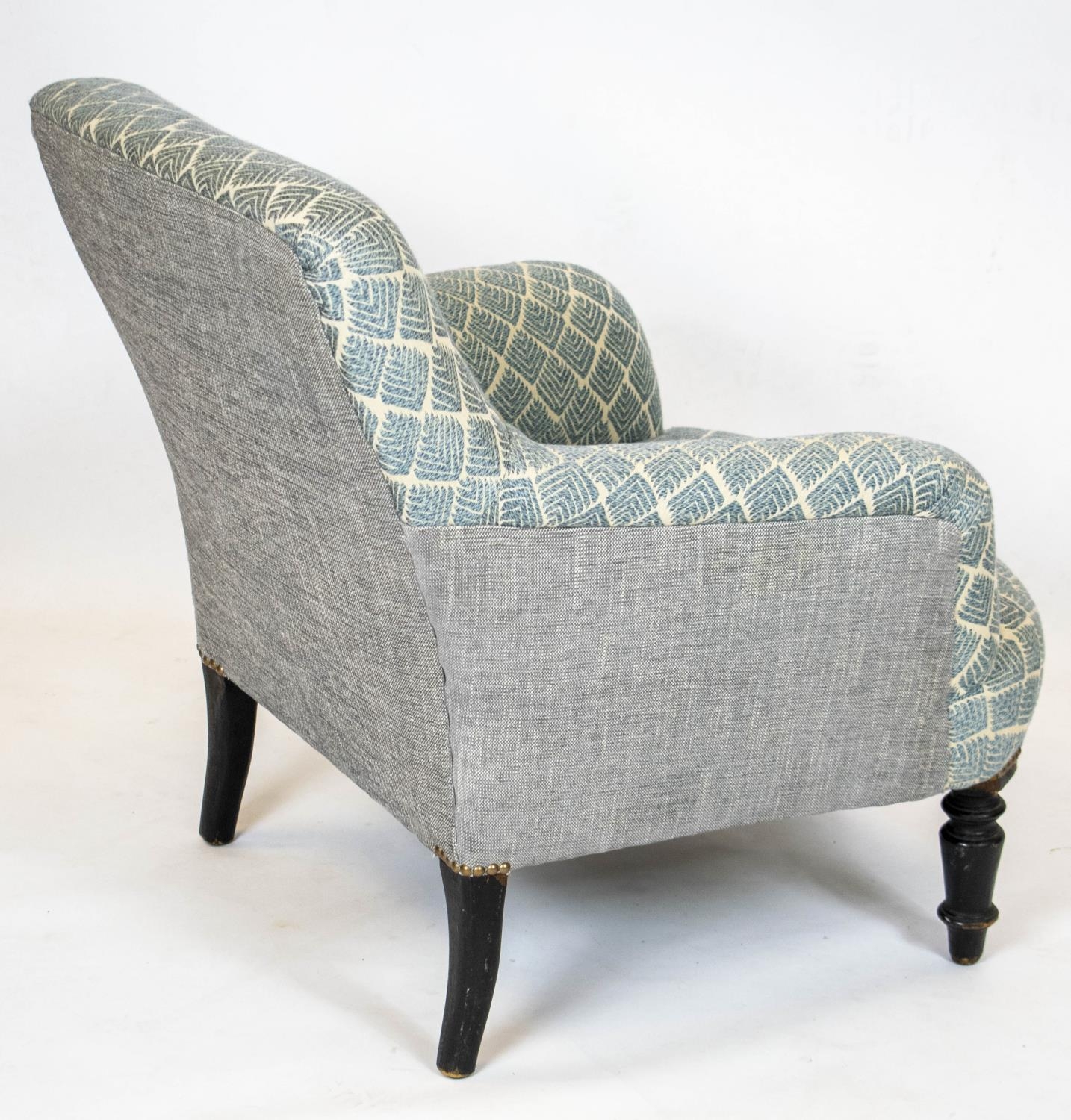ARMCHAIR, 73cm H x 68cm, Napoleon III ebonised in Guy Goodfellow patterned fabric. - Image 3 of 5