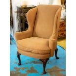WING ARMCHAIR, 110cm H x 87cm W, George I style in brown material.
