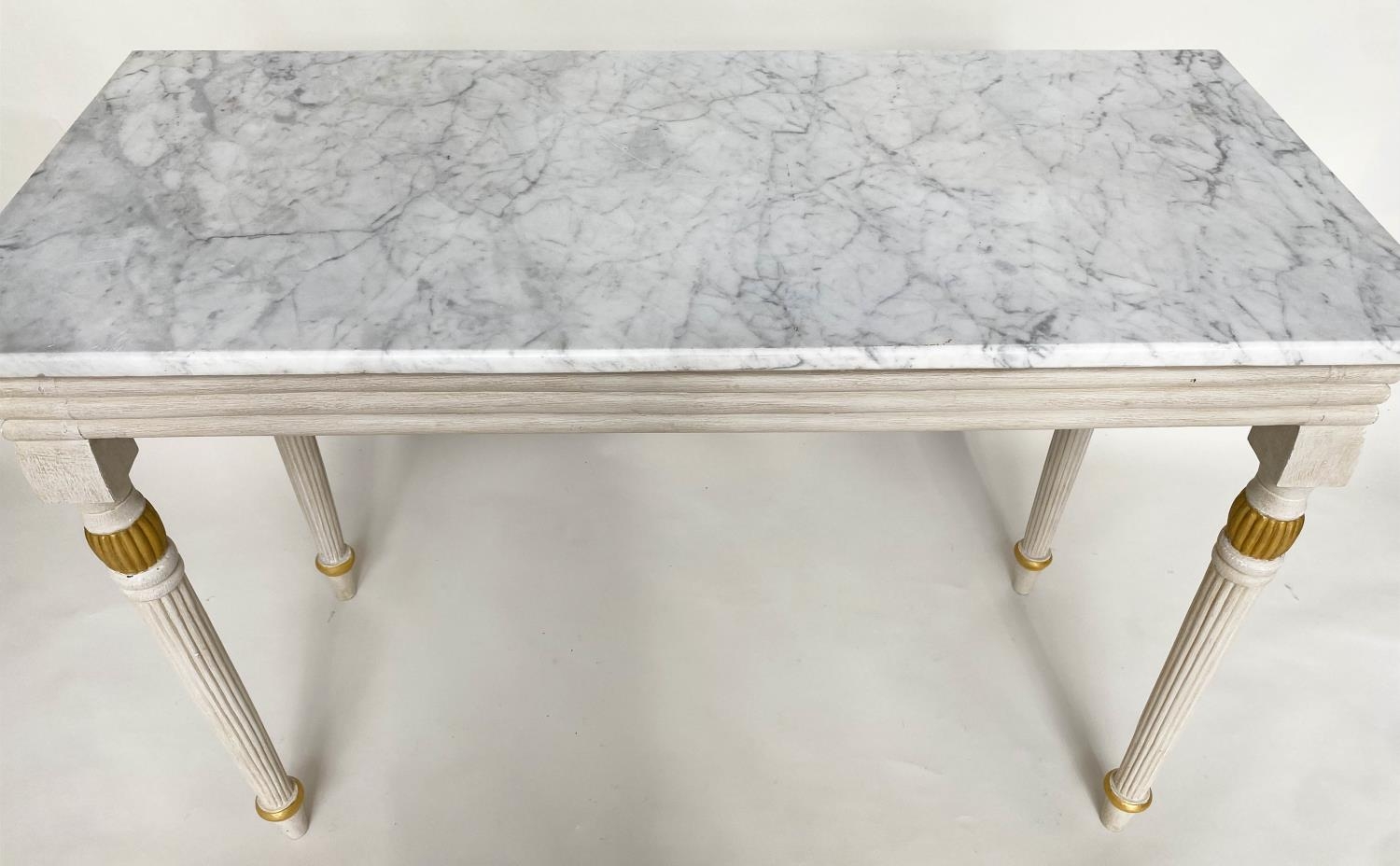 CONSOLE TABLE, Regency style grey painted and parcel gilt, with reeded frieze and supports with grey - Image 2 of 10