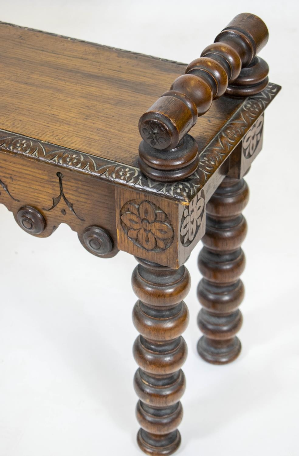 HALL BENCHES, a pair, Victorian oak each with shaped frieze and raised turned bolster arms, 64cm x - Image 2 of 6