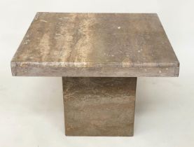 TRAVERTINE LOW TABLE, 1970's Italian marble square on plinth base, 65cmx 65cmx 47cm H.