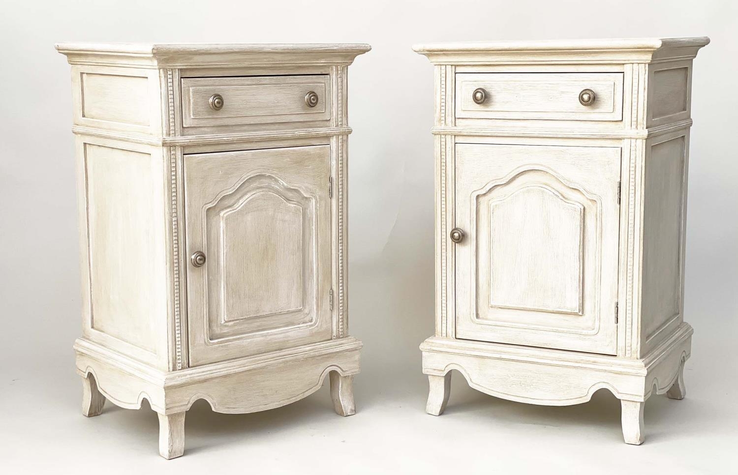 BEDSIDE CABINETS, a pair, French Louis XV style traditionally grey painted each with drawer and - Image 2 of 9