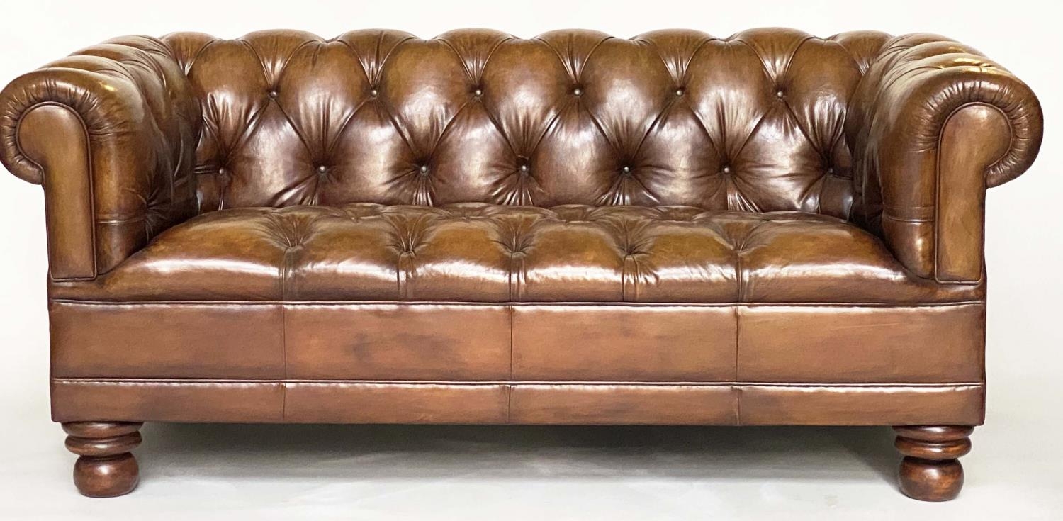 CHESTERFIELD SOFA, vintage natural mid brown deep buttoned leather, 180cm W.
