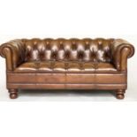 CHESTERFIELD SOFA, vintage natural mid brown deep buttoned leather, 180cm W.