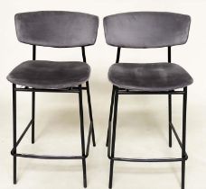 CALLIGARIS BAR STOOLS, a pair, grey velour upholstered with curved backs and metal supports with