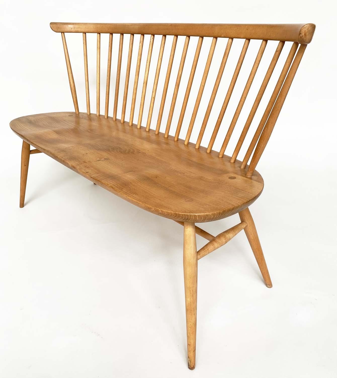 'ERCOL' HALL BENCH, 1970s beech and elm with slightly arched spindle-back attributed to 'Ercol', - Image 4 of 9