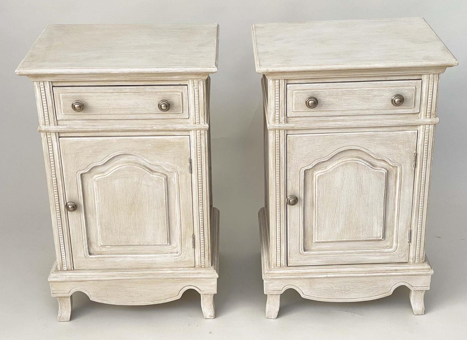 BEDSIDE CABINETS, a pair, French Louis XV style traditionally grey painted each with drawer and - Image 3 of 9