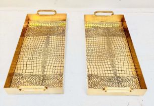 COCKTAIL TRAYS, a pair, faux crocodile embossed gilt metal design, 8cm x 49cm x 23cm. (2)