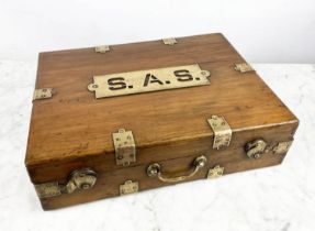 'S.A.S' DOCUMENT CASE, wood with brass clasps mounts and plaque, 43cm x 33cm x 12cm.