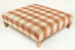 HEARTH STOOL, rectangular check upholstery with square tapering supports, 100cm x 90cm x 31cm H.