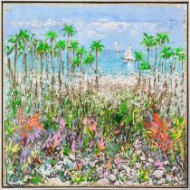 KEN DAVIS, 'Paradise found - Caribbean collection', oil on board, 102cm x 107cm, framed.