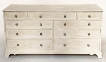 LOW CHEST, Georgian design grey painted with nine drawers and bracket supports, 153cm x 47cm x