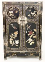 CHINESE SIDE CABINET, early 20th century lacquered and gilt Chinoiserie decorated with soapstone