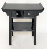 CONSOLE TABLE, Chinese black lacquered rectangular, with silvered handles and two frieze drawers and