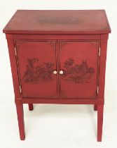 CHINESE CABINET, scarlet lacquered and Chinoiserie decorated with two panel doors and stile