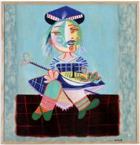 AFTER PABLO PICASSO, 'Maya young girl with boat', lithograph on cotton, 66cm x 66cm, framed.