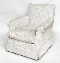 ARMCHAIR, Howard style with piped bouclé style upholstery and scroll arms, 79cm W.