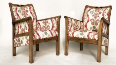 ELBOW/ARMCHAIRS, a pair, early 20th century Arts and Crafts style pierced oak framed with old