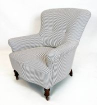 ARMCHAIR, 89cm H x 83cm W, Victorian walnut with blue and white ticking upholstery on castors.