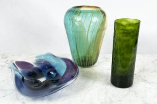 ART GLASS VASES, three, large turquoise vase, 28cm H, tall dark green vase, 25cm H, purple/blue bowl