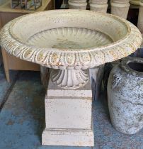 TAZZA STYLE URN PLANTER, on stand, aged painted metal, 95cm H.