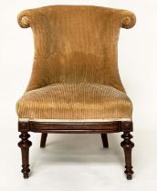 NURSING CHAIR, Victorian walnut and buttoned light brown corduroy upholstery and turned front