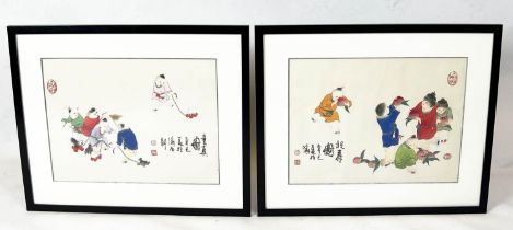 CHINESE WATERCOLOURS, a pair, a scene of children playing and eating fruit, signed and dated, 59cm x