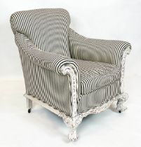 ARMCHAIR, 92cm H x 88cm W, Georgian style white painted in black and white ticking upholstery on