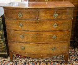 BOWFRONT CHEST, 103cm H x 105cm W x 51cm D, Regency mahogany of five drawers.