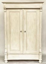 ARMOIRE, 19th century French traditionally grey painted with two panelled doors enclosing hanging