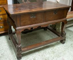 CENTRE TABLE, 91cm H x 190cm x 81cm, 19th century Asian teak with two drawers.