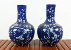 BOTTLE VASES, a pair, Chinese style prunus, patterned glazed ceramic, 36cm H. (2)