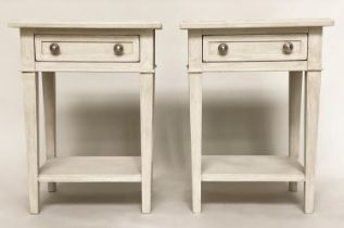 LAMP TABLES, a pair, French Directoire style grey painted with single frieze drawer, undertier and