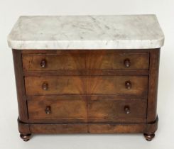 APPRENTICE COMMODE, 19th century French Charles X flame mahogany, with three long drawers and marble