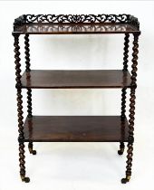 WHATNOT, by I F Meakin, Victorian rosewood of three tiers on castors, 89cm H x 61cm x 36cm.