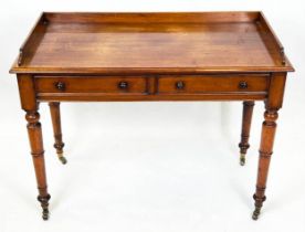 WRITING TABLE, Victorian mahogany with two frieze drawers and galleried top raised on gun barrel
