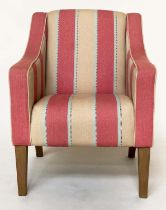 EASY ARMCHAIR, 1930s style with piped strawberry red and cream striped upholstery, with square