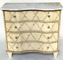 COMMODE, Continental style foliate hand painted with double bow front and four long drawers and