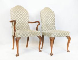 DINING CHAIRS, a set of six, early 20th century oak including two armchairs in cream velvet dot