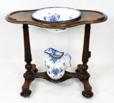 WASHSTAND, Victorian mahogany with blue and white ceramic jug and basin, 77cm H x 89cm x 54cm.