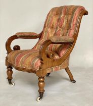 ARMCHAIR, Victorian mahogany with paisley buttoned upholstery, scroll arms and turned front