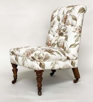 NURSING CHAIR, Victorian mahogany with button floral printed cotton upholstery and turned