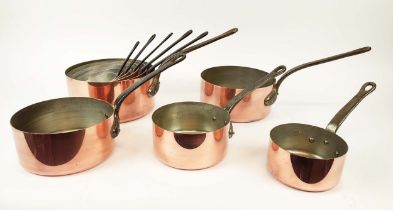 BATTERIE DE CUISINE, comprising of a graduated set of five copper pans, the largest 20cm diam and