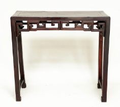 ALTAR TABLE, 19th century Chinese lacquered fir, rectangular top with carved pierced frieze, 92cm