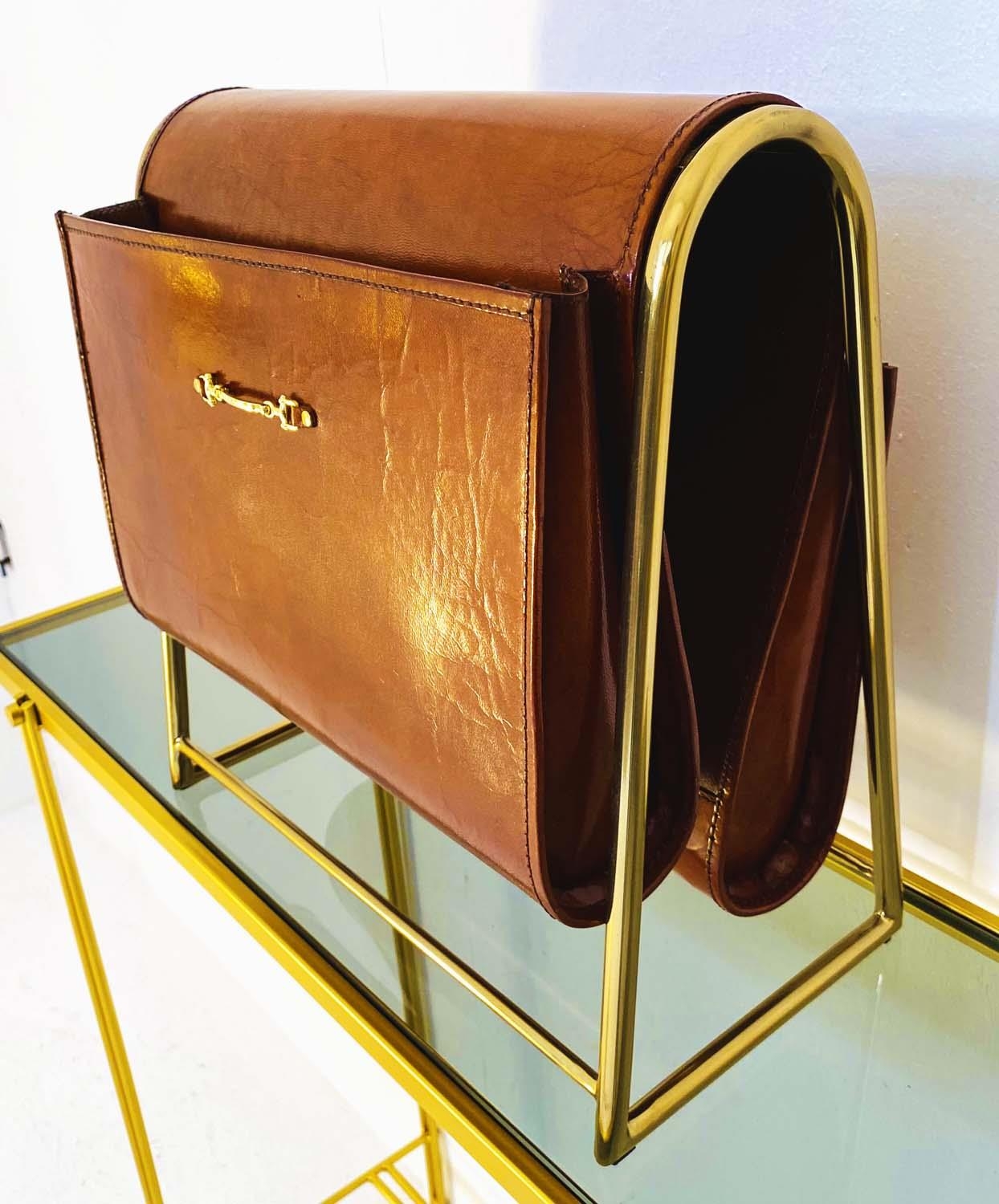 READING RACK, leather with gilt metal frame, 1960's French style, 39cm x 38cm x 20cm.